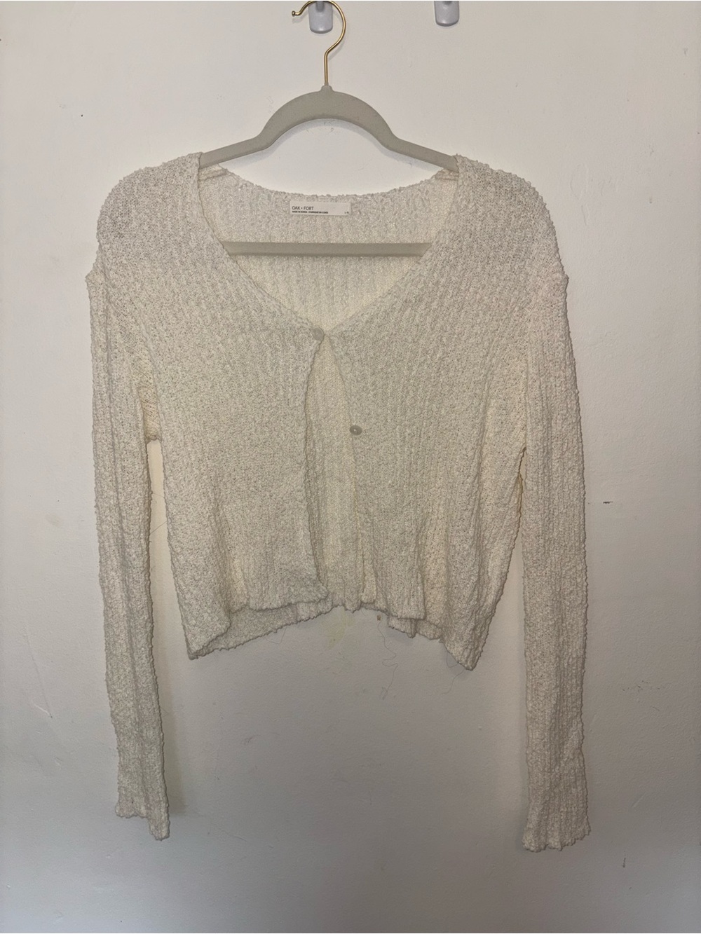 OAK + FORT Cream Textured Cropped Button-Front Cardigan
